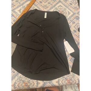 Athleta Wind Down Sleep Top Black Waffle Knit Henley Pajama Shirt LG 983112